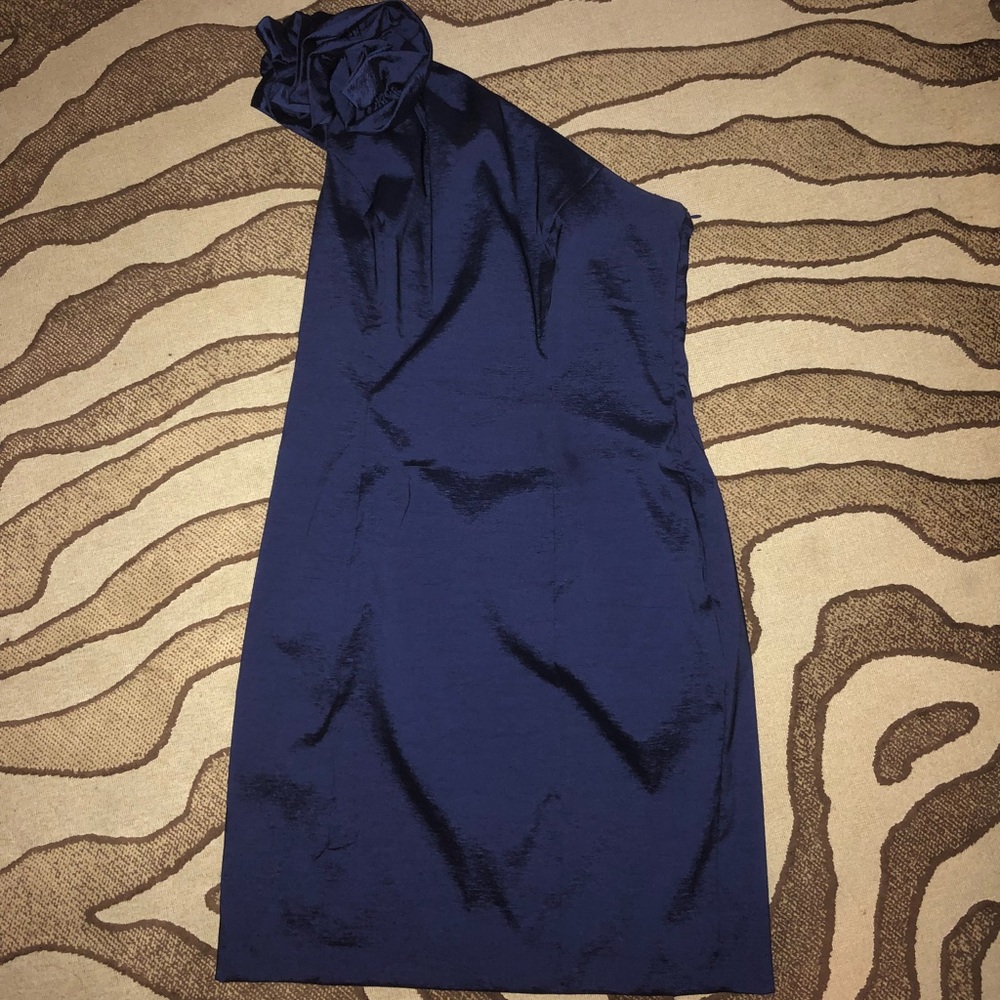 Navy blue off-shoulder dress.